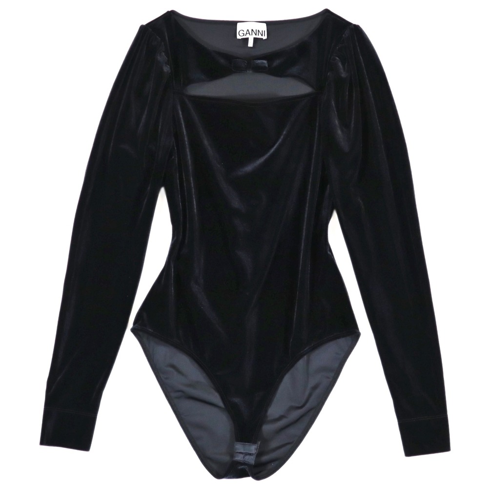Ganni Velvet Bodysuit Women 38 Black Cutout Bow Puff Sleeve Evening Party Formal